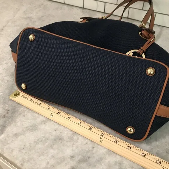 Michael Kors Tote Bag Womens Large Blue Canvas Leather Shoulder Purse MK Charm - Picture 12 of 14